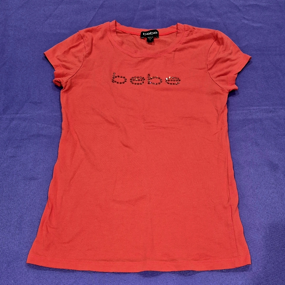 Bebe Swarovski Crystals Logo Brick Orange Cap Sleeve T- Shirt - Small.